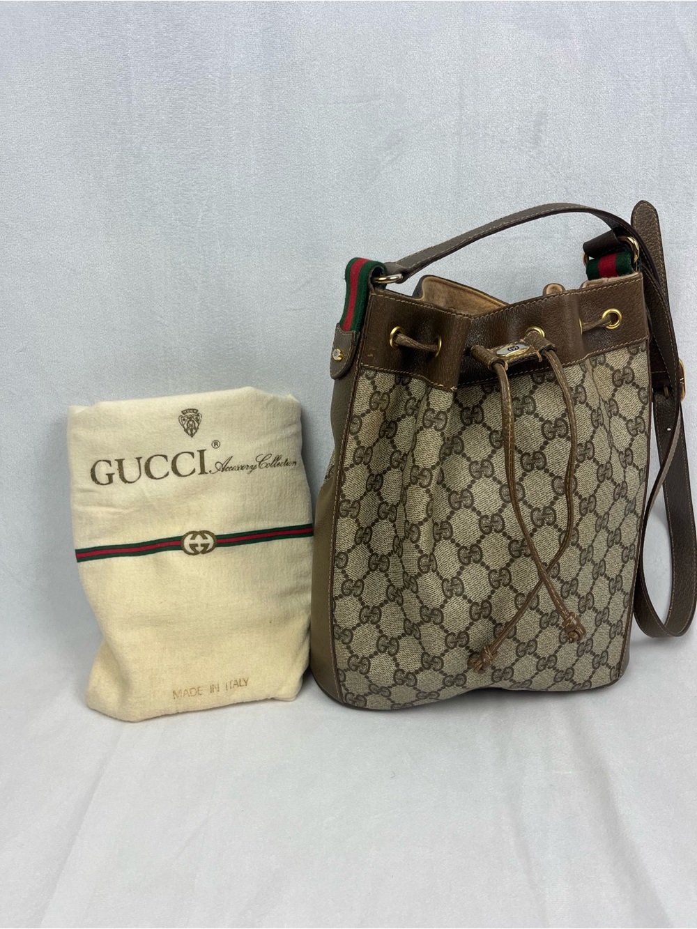 GUCCI Sherry Line Drawstring Shoulder Bag & Dustbag GG Brown Monogram VTG Italy